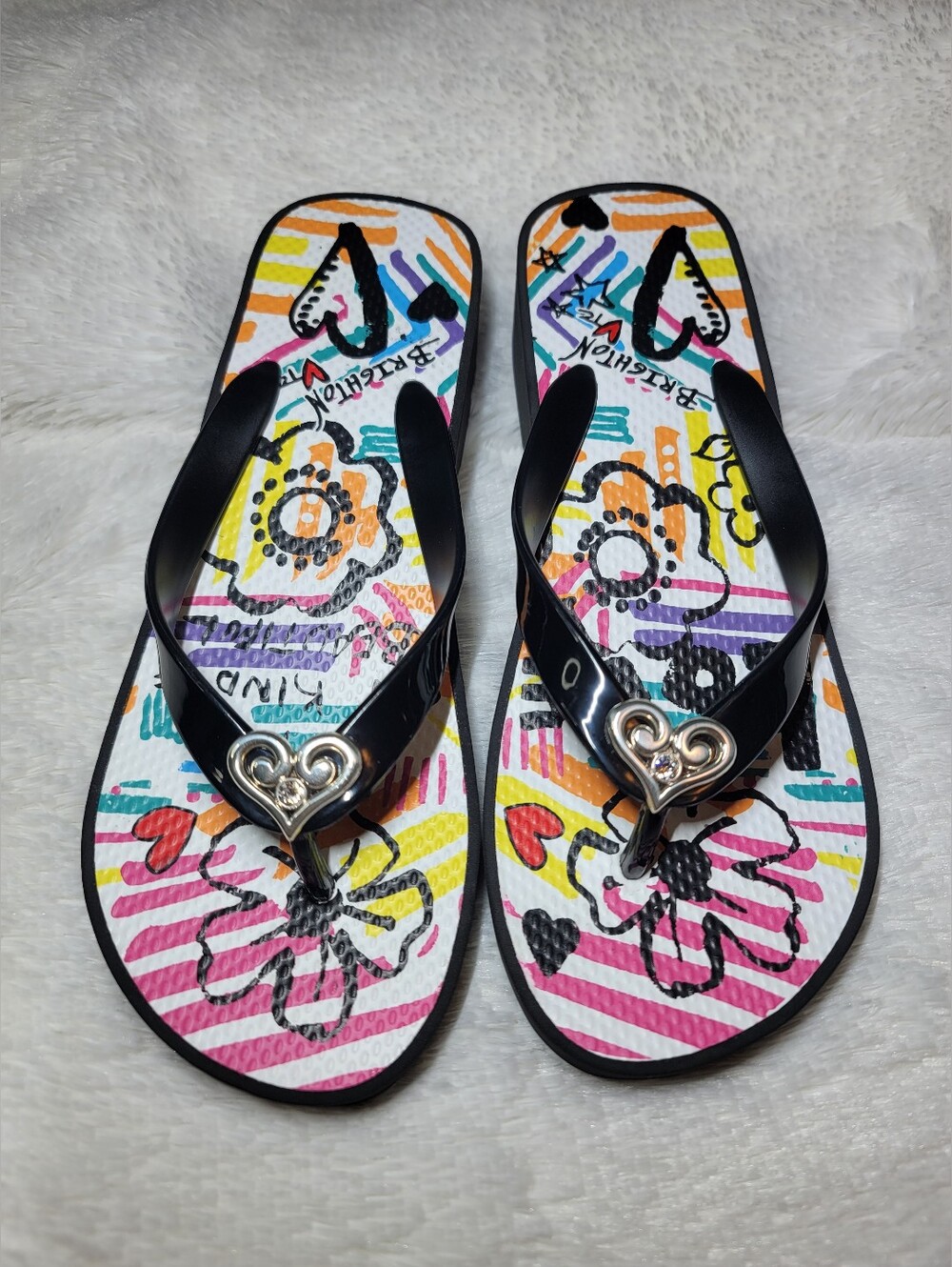 Brighton Moda Black Multi Wedge Flip Flops Sandals Size 8 NWOT